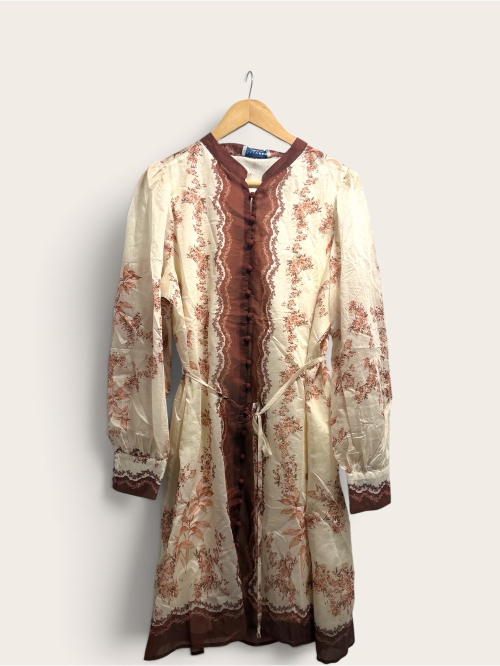 Calypso St. Barth Cream and Rust Floral Long-Sleeve Tie-Waist Dress